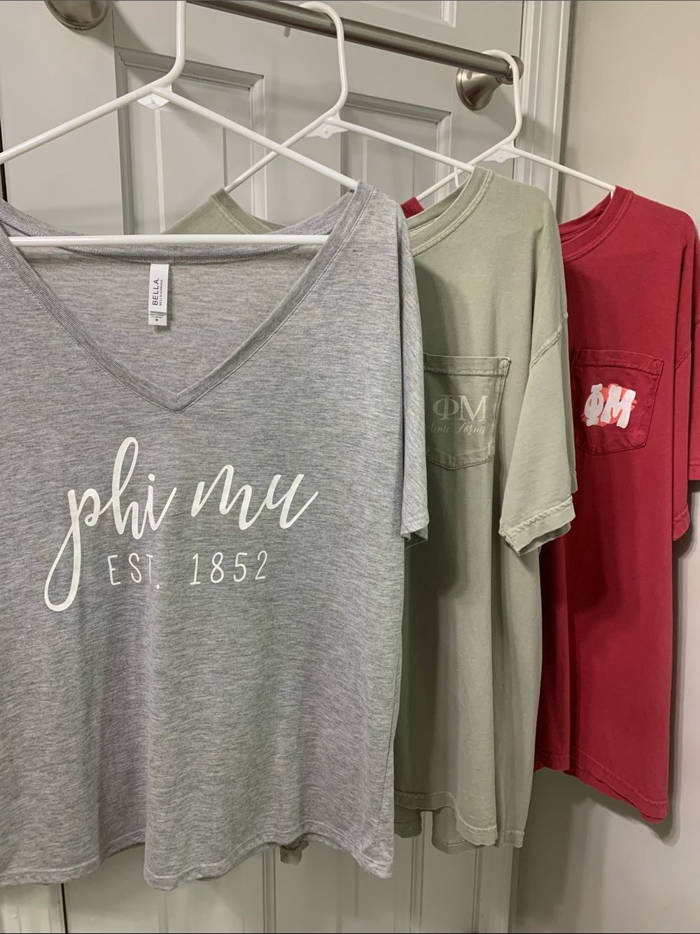 Phi Mu Short Sleeve Tees - Gray, Olive, Red